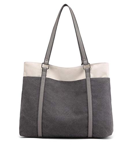 VOGUZY Women’s Canvas Shoulder Bags Retro Casual Handbags School Work Tote Bag Purses Travel Bag (B-Dark grey)