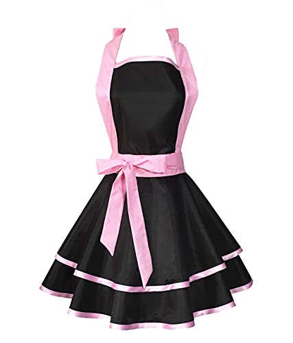Hyzrz Lovely Handmade Cotton Retro Black Aprons for Women Girls Cake Kitchen Cook Apron for Mother’s Gift (Pink)
