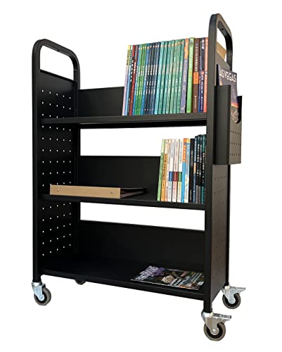 Workington Rolling Book Truck Book Cart with 3 Flat Shelves, Library Book Cart with Swivel Lockable Casters 3001 Black