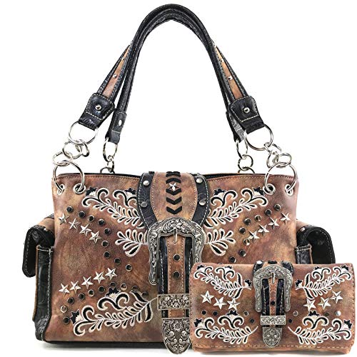 Zelris Western Buckle Star Floral Women Conceal Carry Handbag Wallet Set (Tan)