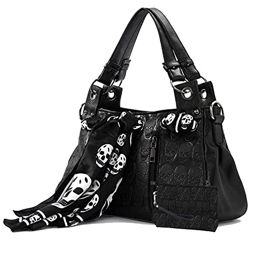 Women Skull Tote Bag Revit Studded Handbag Pu Leather Purse and Wallet 2Pcs Set