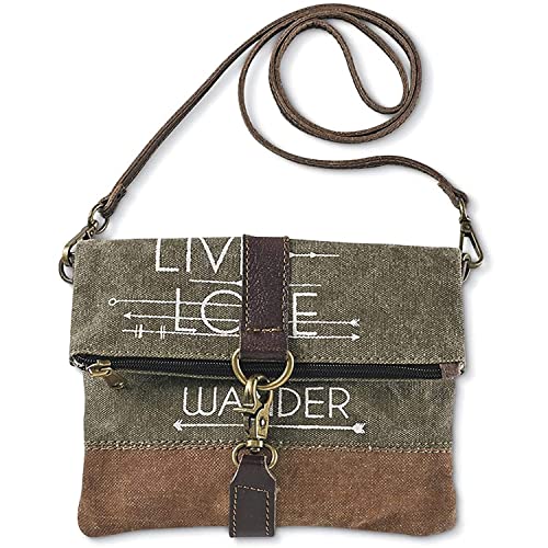 PGI Traders Live Love Wander Upcycled Canvas Crossbody Bag | Earth Friendly Materials | Shoulder Purse | Small Clutch | Fold-Over Zip Top | 22” Detachable Strap