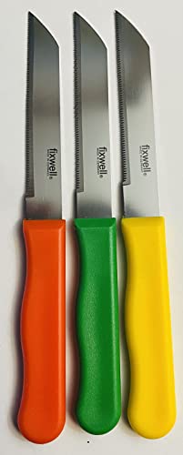 MADE IN GERMANY STAINLESS STEEL KNIVES -PACK OF 3 FIXWELL KNIVES (ORANGE, YELLOW, GREEN) -3.5″ SHARP SERRATED BLADE -IDEAL FOR KITCHEN AND GENERAL USE, BREADS, SANDWICHES, AND PRECISION FOOD CUTTING