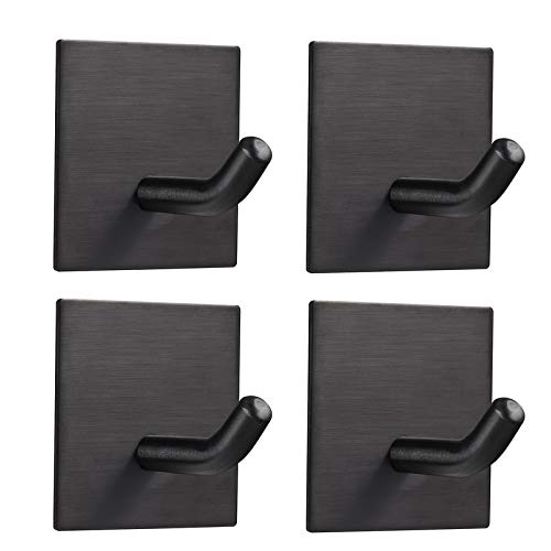 FOMANSH Heavy Duty Adhesive Hooks, Stick on Wall Adhesive Hangers, Strong Stainless Steel Holder, Self Adhesive Hooks for Kitchen Bathroom Home Door Towel Coat Key Robe 4 Packs Black