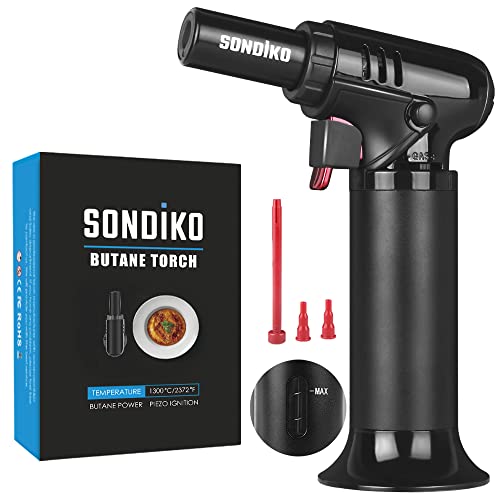 Sondiko Butane Torch with Fuel Gauge S907, Refillable Kitchen Torch Lighter with Adjustable Flame for Creme Brulee