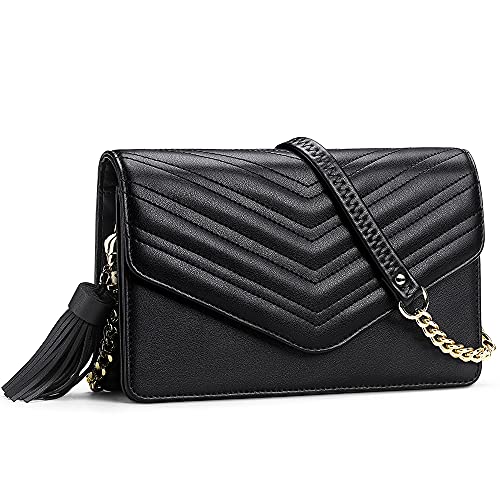 Peacocktion Small Quilted Crossbody Bags for Women, Shouler Handbags RFID Cell Phone Wallet Purse Clutch with Tassel (Black)