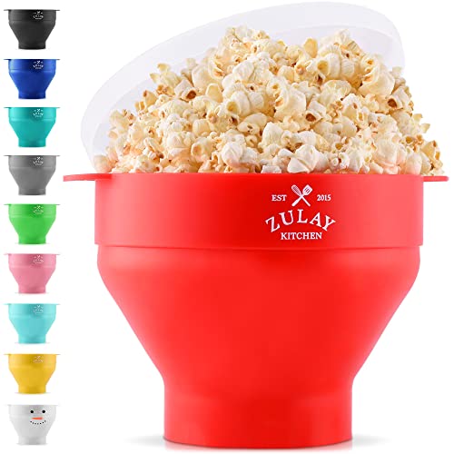 Zulay Kitchen Large Microwave Popcorn Maker – BPA Free Silicone Popcorn Popper Microwave Collapsible Bowl With Lid – Family Size Microwave Popcorn Bowl (Red)