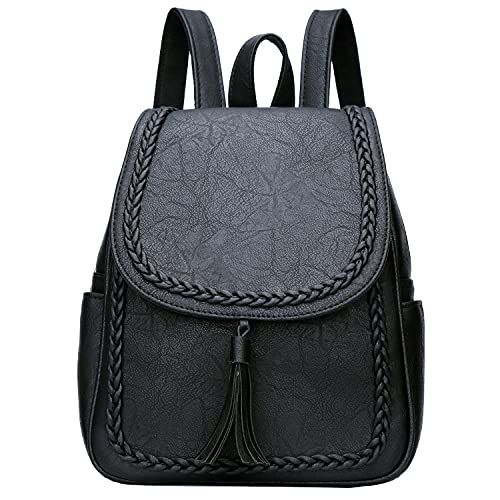 KKXIU Fashion Small Synthetic Leather Backpack Purse For Women and Teen Girls With Tassel (Black)