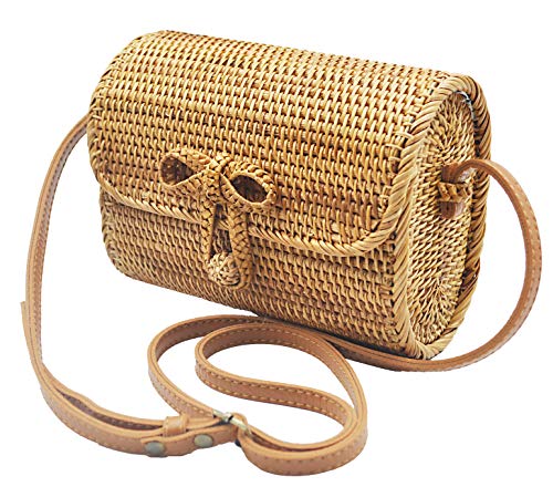 HAAN Handwoven Wicker Crossbody Wallet Boho Purse Oval Rattan Bag For Summer Beach – Natural Stylish & Chic – Shoulder Real Leather Adjustable Strap