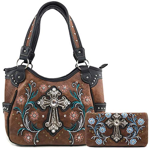 Zelris Western Cross Daisy Flower Women Conceal Carry Tote Handbag Purse Set (Maple Brown)