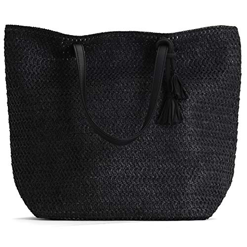 Rutledge & King Straw Bag – Tote Bag – Beach Bag – Large Tote Bag (1 pack, Black)