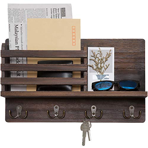 Dahey Wall Mounted Mail Holder Wooden Key Holder Rack Mail Sorter Organizer with 4 Double Key Hooks and A Floating Shelf Rustic Home Decor for Entryway or Mudroom,15.8″ W x9.5 “Hx2.7 “D, Brown