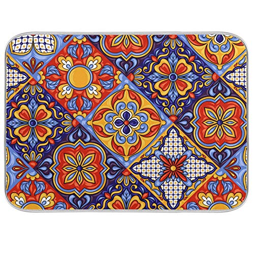 Mexican Talavera Ceramic Tile Ethnic Folk Art Colorful Kitchen Dish Drying Mat, Heat-resistant Microfiber Pad, Countertops Sinks Protector, Absorbent Drainer Mats with Hanging Loop 18″x24″