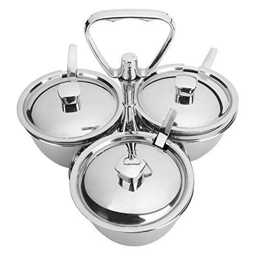3 300ml RoundShaped Seasoning Jars Spice Rack Condiment Pot Set Stainless Steel 360Degree Rotatable Bracket Suitable Home Kitchen 3 Spoon,3 Cover,3 Container(Three-piece suit)