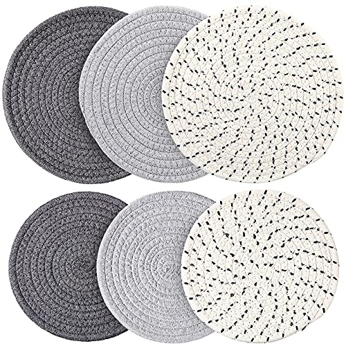 6 Pieces Pot Trivets Large Braided Woven Trivet Coaster, Cotton Thread Weave Cup Coaster Hot Pot Dish Trivet Pad Mat for Kitchen Cooking Supplies (Gray, Dark Gray, White Gray,7 Inch and 9 Inch)