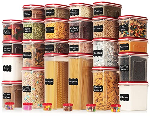 LARGEST Set of 60Pc Airtight Food Storage Containers (30 Container Set) Airtight Plastic Dry Food Space Saver Organizer, One Lid Fits All -Stackable Freezer Refrigerator kitchen Storage Containers RED