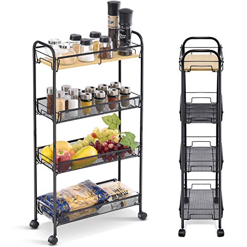 KINGRACK 4-Tier Slim Rolling Cart, Slide Out Storage Cart with Wooden Tabletop, Mobile Utility Cart with Mesh Baskets, Easy Assemble Shelving Unit for Narrow Space on Kitchen Bathroom, Black