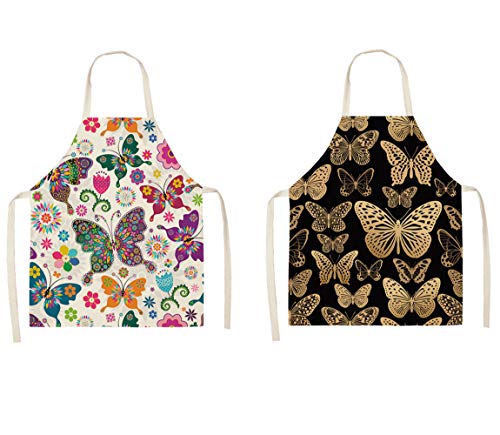 Tovip 2Pcs Butterfly Apron Women Men Colorful Floral Butterfly Cotton Linen Aprons for Kitchen Home Cooking Baking Cleaning Accessories 26.8 x 21.7 inch
