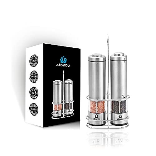 Electric Salt and Pepper Grinder Set with Metal Stand, Battery Operated Salt&Pepper Mills with LED Light, Brushed Stainless Steel by aLBeDo