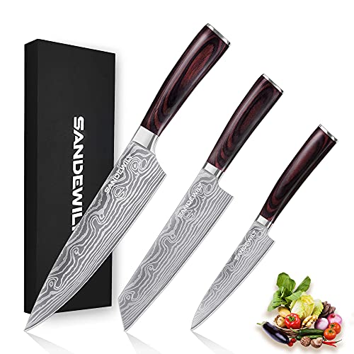Professional Kitchen Knives High Carbon Stainless Steel Chef Knife Set,3PCS Ultra Sharp Japanese Knife with Sheath,Ergonomic Pakkawood Handle Elegant Gift Box for Home or Restaurant