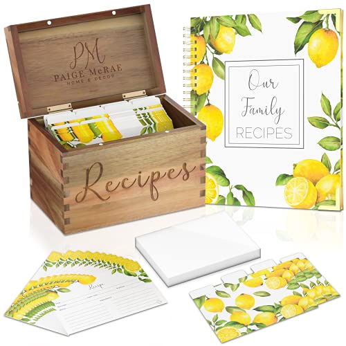 Recipe Box With Cards And Dividers, Protectors & 100 Page Blank Recipe Book To Write In- Recipe Card Box Organizer, Wooden Recipe Card Holder,4×6 Recipe Cards And Box Set For Women,Bridal Shower & Mom