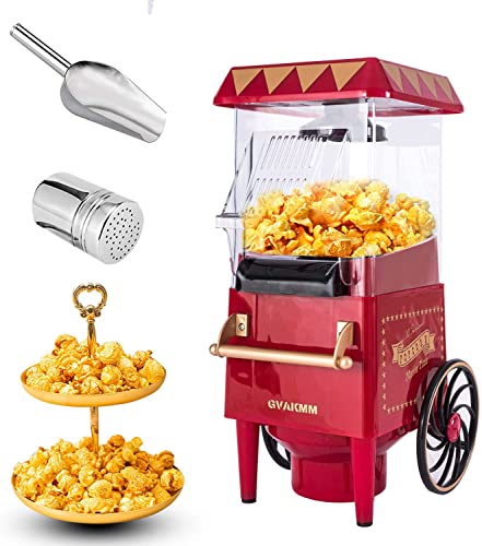 GVAKMM Retro Cart Popcorn Machine Hot Air Popcorn Maker Home Protable Popcorn popper Machine For Party Movie Night and Birthday Gift