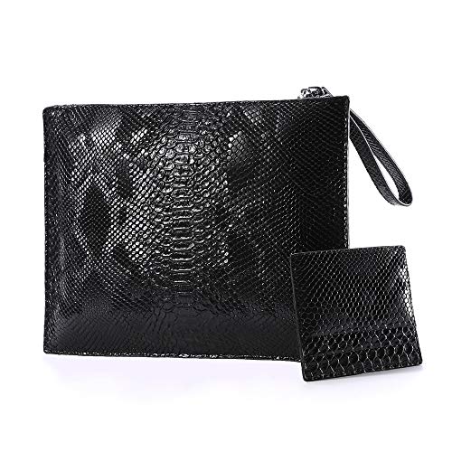NIGEDU Women Clutches Fashion Snakeskin PU Leather Party Envelope Purse Bag with Hand Strap (Black)