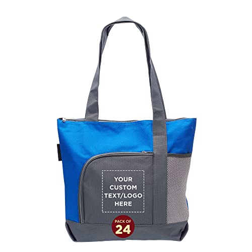 DISCOUNT PROMOS Custom Go Getter Sport Tote Beach Bags – 24 Pack – Personalized Logo, Text – Disc Golf, Outdoor Adventure Bag with Zipper Pocket – Blue