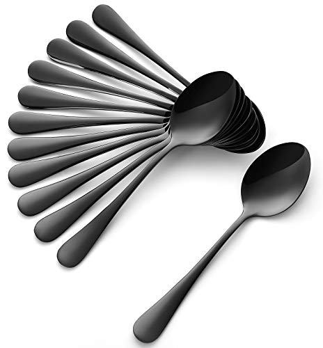 Dinner Spoons Black, 12 Pieces Stainless Steel Silverware Spoons, Tablespoon, Dessert Spoons for Home, Kitchen or Restaurant – 7 1/3 Inches, Mirror Finish and Dishwasher Safe