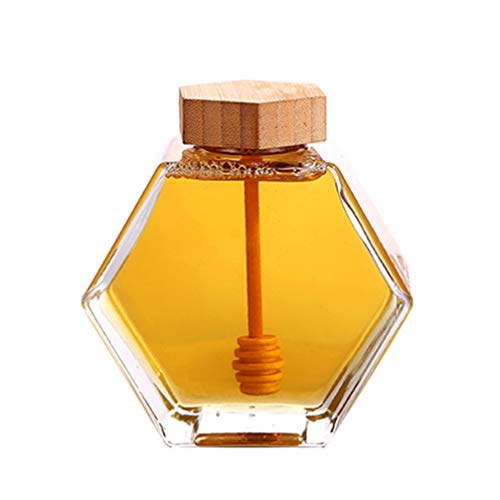 UPKOCH Honey Glass Jar Hexagon Shape Honey Pot Container Syrup Beehive Storage with Wooden Dipper and Cork For Home Kitchen 220ml