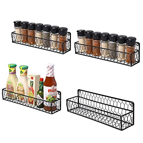 MyGift Black Chicken Wire Hanging Spice Rack for Wall Organize Seasoning and Condiment Jar Holder, Set of 4