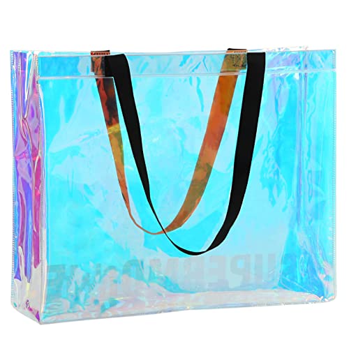 ”N/A” Holographic Iridescent Tote Bag, Clear Tote Bag for Stadium, Large Fashion Rainbow PVC Handbag Purses for Beach, Sports, Work, Travel, Party