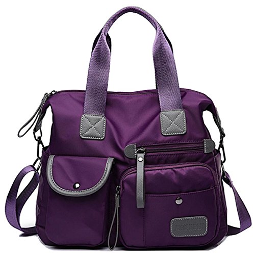 Women Lightweight Nylon Tote Bag Multiple Pockets Top Handle Handbag Ladies Purse Work Totes Travel Crossbody Shoulder Bag (Purple)