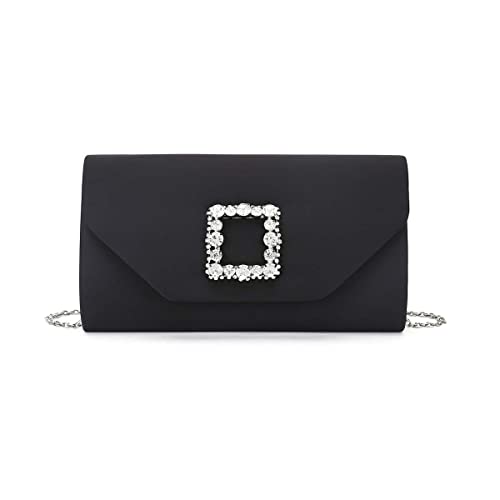 IXEBELLA Satin Evening Bag for Women Clutch Purse Embellished Crystals Buckle (Black)