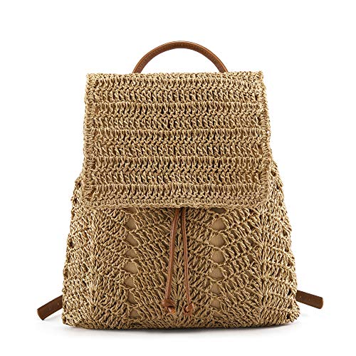 Ayliss Women Straw Beach Handbag Backpack Shoulder Handbag Summer Beach Woven Handmade Tote Purse Hobo Bag Rucksack Daypack (Khaki)