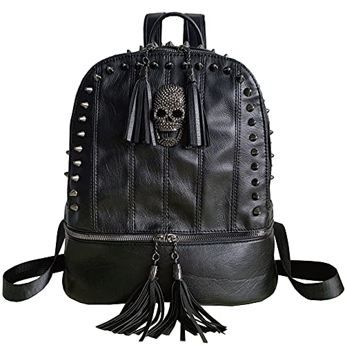 Women Skull Backpack Rivet Studded Fashion Daypack Gothic Purse Tassel Zipper (Slivet Round Rivet)