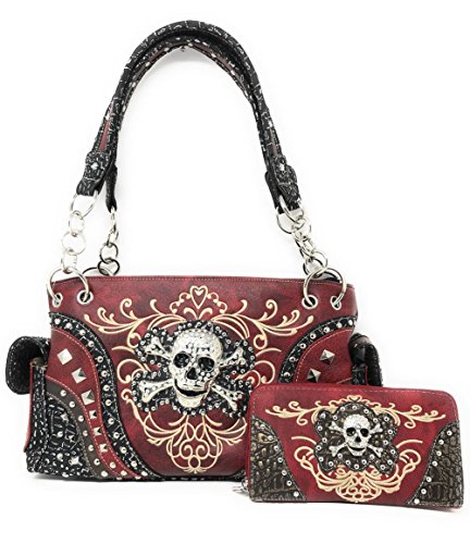 GoCowgirl Women’s Skull Bones Skeleton Purse Handbag with Matching Wallet in 6 colors (Red)