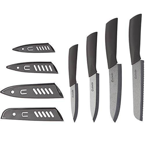 Coiwin Ceramic Knife Set Kitchen Cutlery with Sheaths Super Sharp and Rust Proof and Stain Resistant (6 inch Bread Knife, 6 inch Chef Knife, 5 inch Utility Knife, 4 inch Fruit Knife), Black