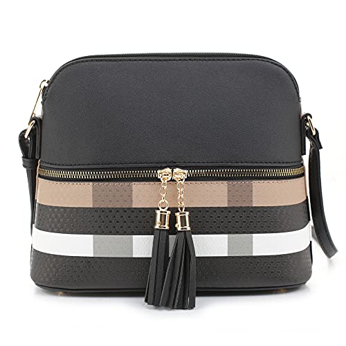 SG SUGU Lightweight Medium Dome Crossbody Bag with Tassel | Plaid Pattern | Black/Brown | The Storepaperoomates Retail Market - Fast Affordable Shopping