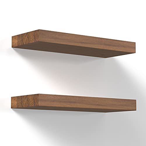 Floating Shelves Wall Mounted 17-Inch – Thick Handmade Set of Dark Brown Wooden Shelf, Natural Rustic Farmhouse Acacia Hard Wood, Solid Shelving for Kitchen, Bathroom, Bedroom Decor – 2 Pack