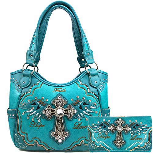 Zelris Faith Love Hope Cross Angel Wing Women Conceal Carry Women Tote Purse Set (Teal Blue)