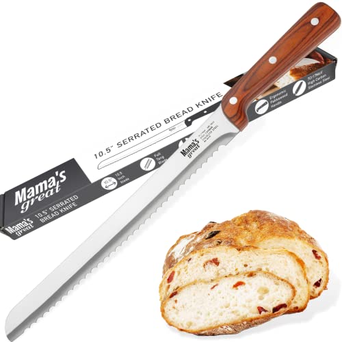 Mama’s Great Serrated Bread Knife for Homemade Bread with 10.5 Inch Wide Wavy Edge – Ultra Sharp High Carbon Stainless Steel Blade for Professional or Home Kitchens