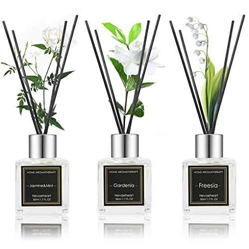 NEVAEHEART Reed Diffuser Set, Gardenia/Freesia/Jasmine & Mint, 1.7OZ x 3 Packs Reed Diffuser, Oil Diffuser Sticks, Home Fragrance Products, Fragrance Diffuser with Gift Box