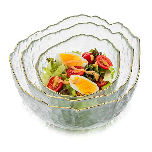 Glasseam Glass Salad Bowls, Clear Serving Bowls Set of 3, Blown Decorative Bowl for Home Decor Modern Cute Mixing Bowls Stacking Fruit Punch Bowl Decor for Kitchen Party Candy Snack Prep Dessert