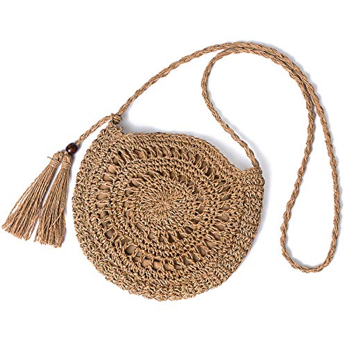 Kadell Straw Shoulder Bag, Women Handmade Summer Beach Crossbody Bag, for Travel Outing Dating Outgoing, for Girls Ladies Women, comes with tassels, Brown