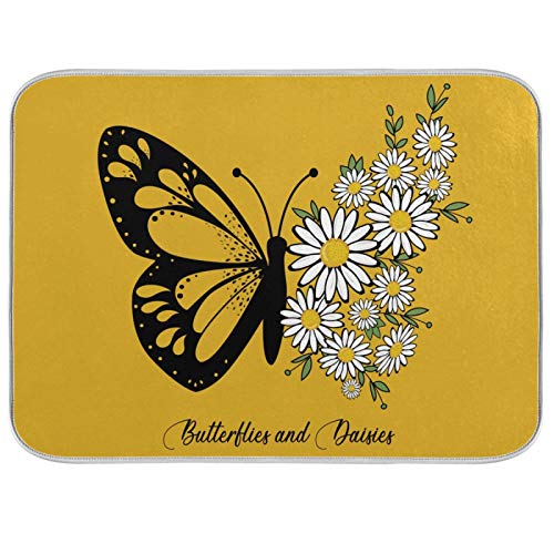 Qilmy Butterflies and Daisies Dish Drying Mat Tableware Absorption Water Mats Home Decoration Drying Pad for Kitchen Countertop-18X24 Inch