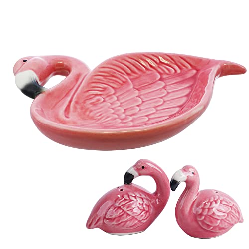 Flamingo Gift Set Salt & Pepper Shakers and Ceramic Flamingo Dish
