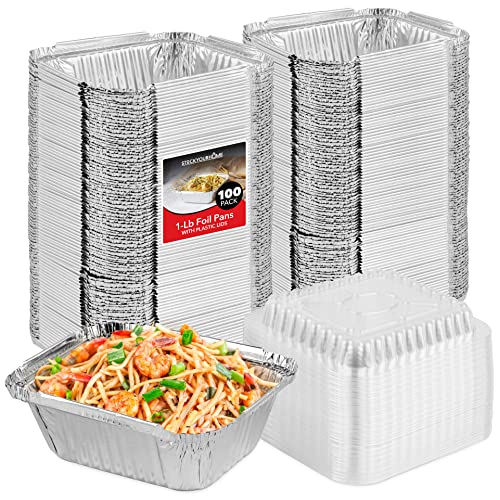 Stock Your Home 1 Lb Small Aluminum Pans with Lids (100 Pack) Foil Pans + Clear Plastic Lids, Disposable Cookware, Takeout Trays with Lids – To Go Disposable Food Containers for Restaurants & Catering