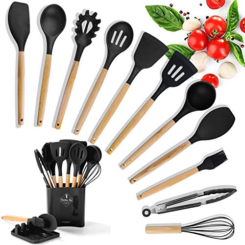 Kitchen Utensil Sets of 11 Pcs, BenRich Silicone Cooking Utensils Set Tools & Gadgets Holders Wooden Handle Heat Resistant Spatula Turner Tongs Whisk Spoon Brush for Non Stick Pans Home Use (Black)