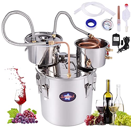 Seeutek Alcohol Still 9.6Gal 38L Stainless Steel Alcohol Distiller Copper Tube Spirit Boiler with Thumper Keg and Build-In Thermometer for Home Brewing and DIY Whisky Wine Brandy Making, Included Pump